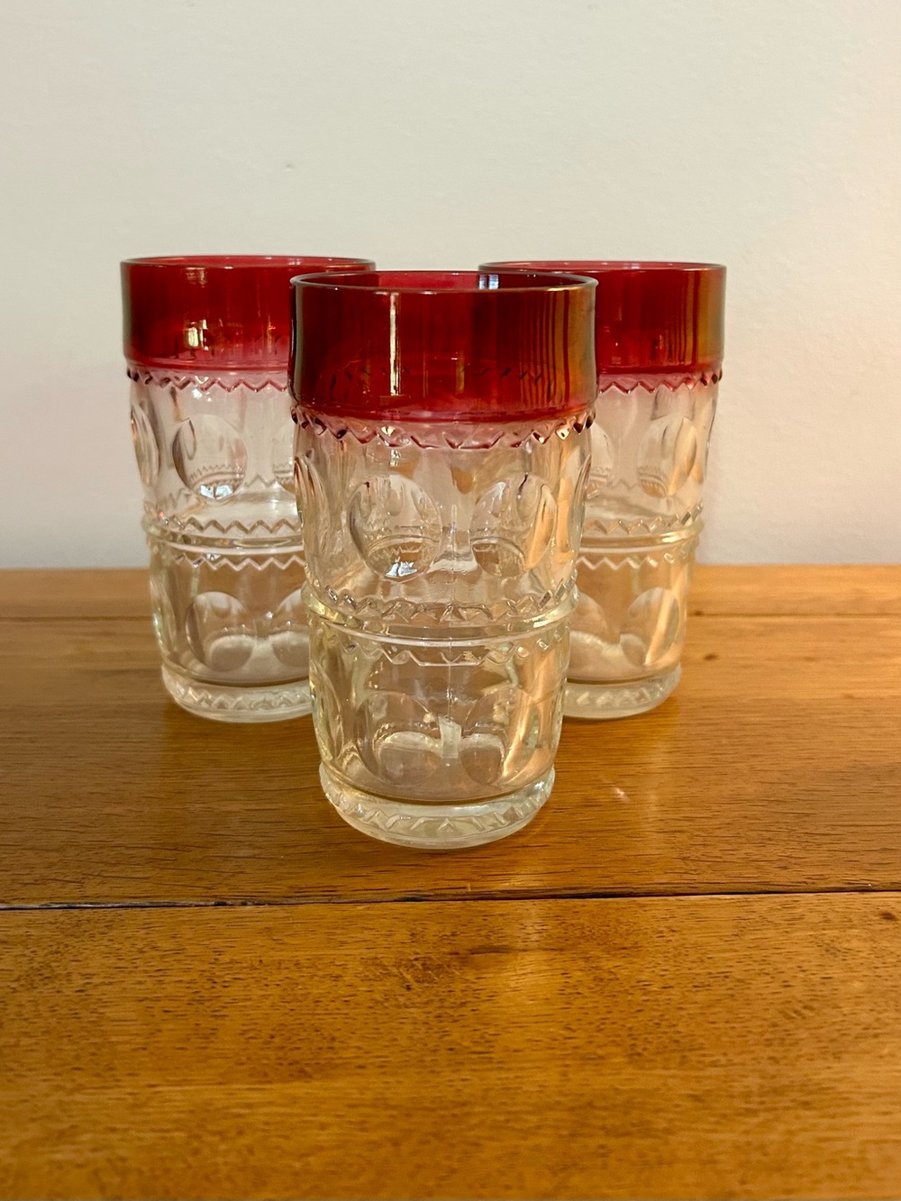 Vintage Kings Crown Clear Glass Tumblers with Red Rim - Set of 3
